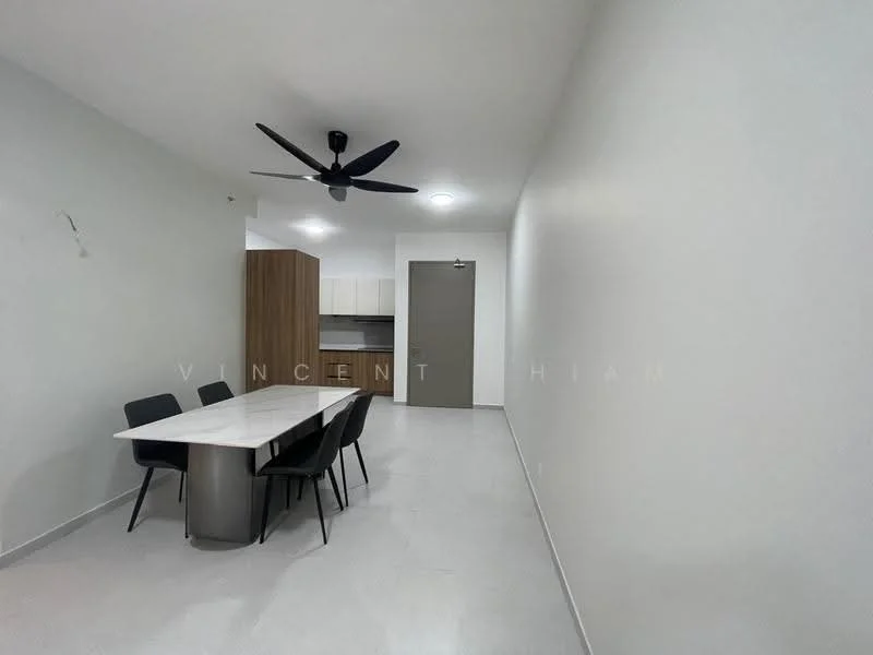 Dining features: white walls, grey tiled flooring, 5-blade ceiling fan in black, rectangular dining table with white top, 4 black upholstered dining chairs, kitchen cabinetry in wood finish, open kitchen layout, recessed ceiling lights; style: modern.