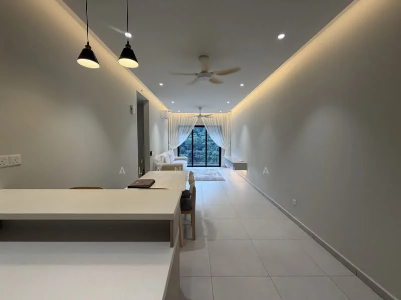 Living features: white painted walls, tile flooring, recessed downlights, 5-blade ceiling fan, floor-to-ceiling windows, sheer curtains, sofa, area rug, dining table, pendant lights; style: modern; view: garden.