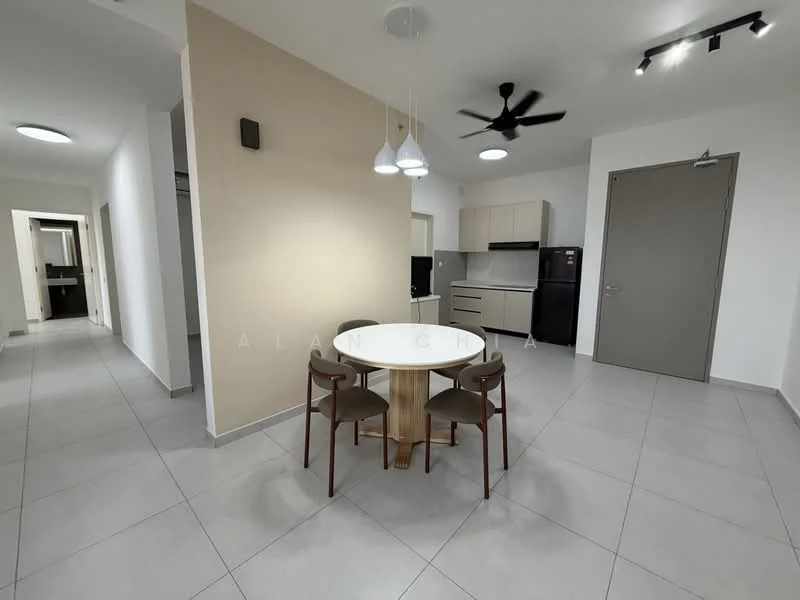 Dining features: round dining table, 4 dining chairs, pendant lighting, white walls, grey accent wall, tile flooring, ceiling fan, recessed lighting, open layout, kitchen area visible in background; style: modern. Kitchen features: kitchen cabinets, stainless-steel fridge, built-in oven, countertop, tile flooring, open layout; style: modern. Hallway features: white walls, tile flooring, doorway to bathroom visible, doorway to other rooms visible.