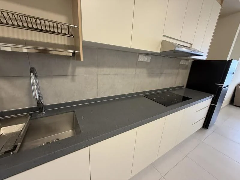 Kitchen features: single-bowl stainless-steel sink, chrome pull-down faucet, grey solid surface countertop, white flat-panel cabinets, built-in oven, 4-zone induction hob, stainless-steel range hood, tile backsplash, recessed downlights, white tiled flooring; style: modern.