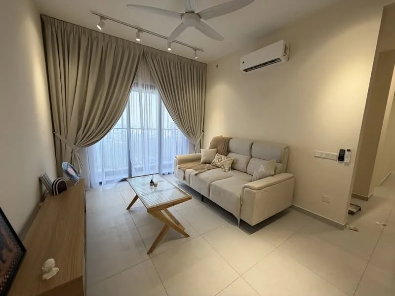 Living features: beige fabric sofa, coffee table with wooden legs, floor-to-ceiling windows, sheer curtains, wall-mounted air conditioning unit, light-colored tiled flooring, decorative wall art, recessed downlights, ceiling fan with light; style: modern.