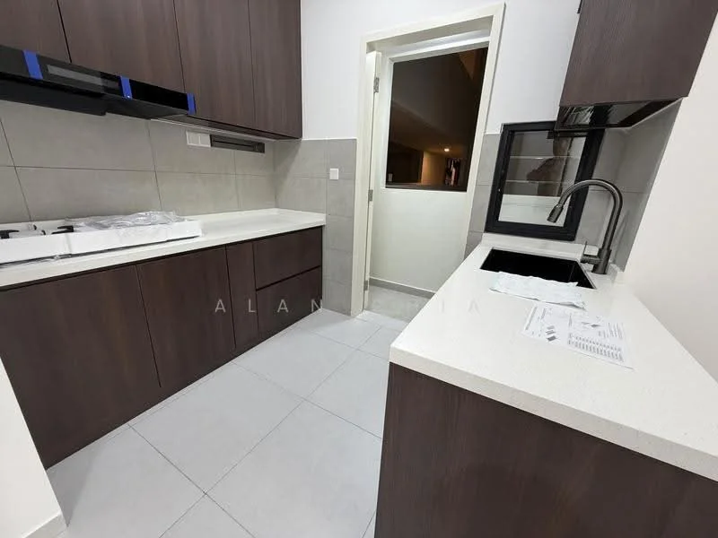 Kitchen features: dark wood cabinetry, white quartz countertop, single-bowl stainless-steel sink, chrome pull-down faucet, built-in gas hob, wall-mounted range hood, grey tiled backsplash, ceramic tile flooring, recessed downlights, open doorway to hallway; style: modern.