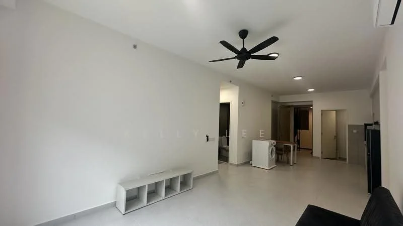 Living features: white painted walls, grey tiled flooring, 5-blade ceiling fan, recessed downlights, open layout, TV console, dining area visible, air conditioning unit; style: modern.