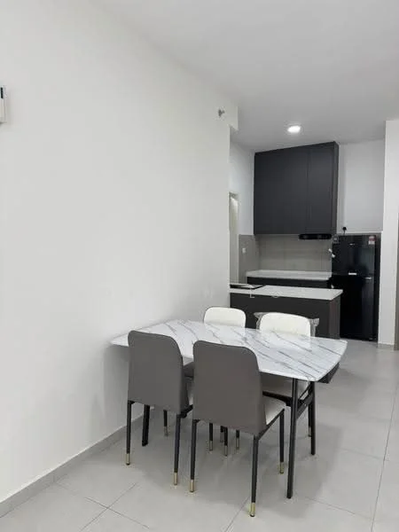 Dining features: marble dining table, 4 dining chairs with grey upholstery, white painted walls, grey cabinetry, black fridge, tile flooring, recessed ceiling lights; style: modern. Kitchen features: grey cabinetry, countertop with backsplash, stainless-steel sink, built-in appliances, tile flooring; style: modern.