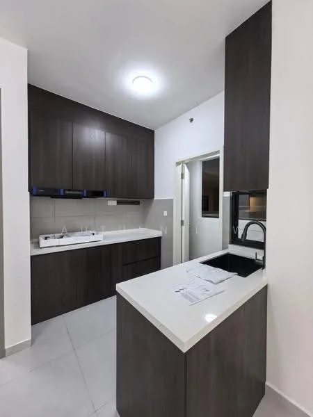 Kitchen features: dark wood cabinetry, white quartz countertop, single-bowl stainless-steel sink, chrome pull-down faucet, built-in oven, ceramic tile flooring, recessed downlights, open shelving, kitchen island, wall-mounted cabinets, neutral wall color, doorway to adjacent room; style: modern.
