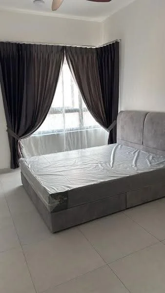 Bedroom features: queen-size bed with protective cover, floor-to-ceiling window, dark brown curtains, light grey upholstered headboard, light grey bed frame, neutral wall colour, tile flooring, ceiling fan; style: modern.