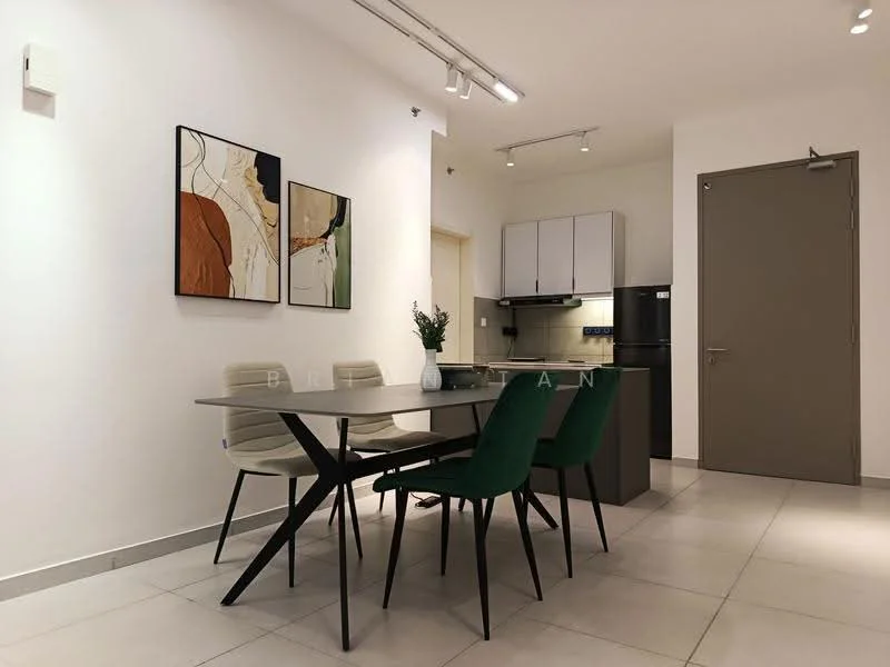 Dining features: rectangular dining table, 4 upholstered dining chairs in green, framed abstract artwork on walls, white painted walls, recessed LED downlights, grey cabinetry, black refrigerator, kitchen area visible in background, tile flooring; style: modern.