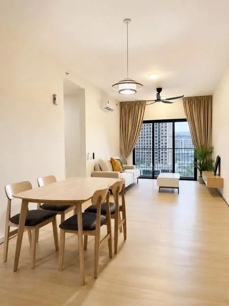 Living features: light wood flooring, cream painted walls, 5-blade ceiling fan with light, recessed downlights, floor-to-ceiling windows, sheer curtains, sofa in white fabric, coffee table, TV console, dining table with 4 chairs, decorative plant; style: modern; view: city.