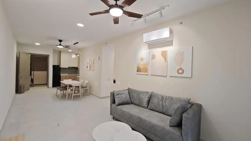 Living features: 3-seater fabric sofa in grey, round coffee table with white top, 5-blade ceiling fan with light, wall-mounted air conditioning unit, recessed downlights, light-coloured painted walls, tile flooring, framed artwork on walls, dining table with 4 chairs in background; style: modern.