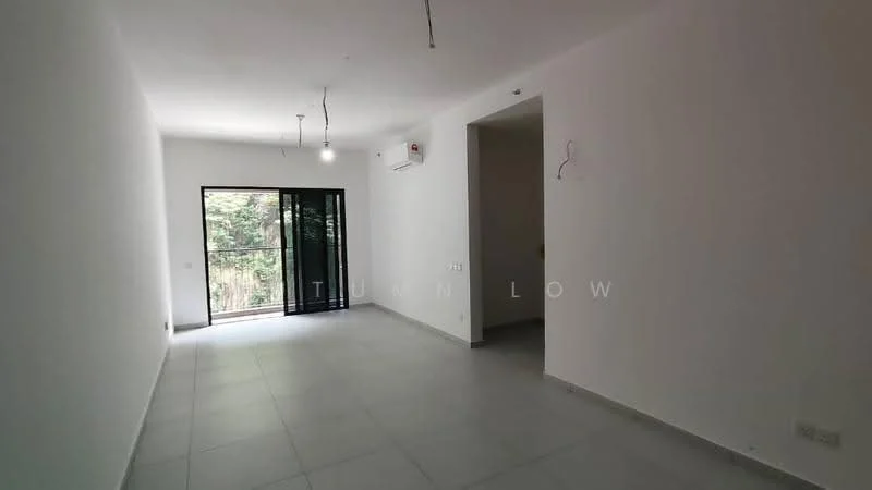 Living features: white painted walls, grey tile flooring, exposed ceiling with hanging light fixtures, floor-to-ceiling sliding glass door, black metal window frames, wall-mounted split AC, view of greenery outside, open layout; style: modern; view: garden.
