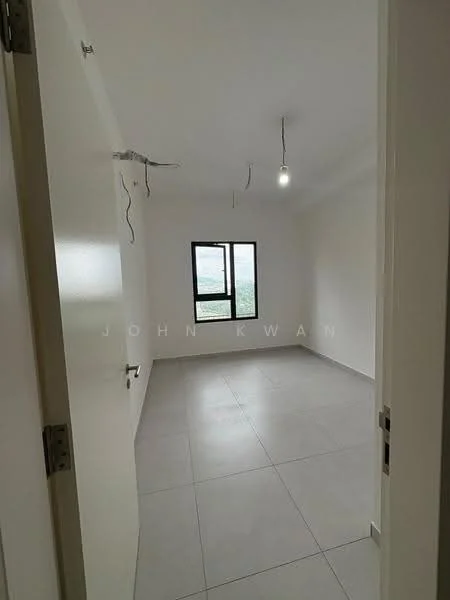 Room features: white painted walls, grey tiled flooring, single window, ceiling light fixture, exposed wiring, no visible furniture, neutral color scheme, spacious layout; style: modern; view: city.