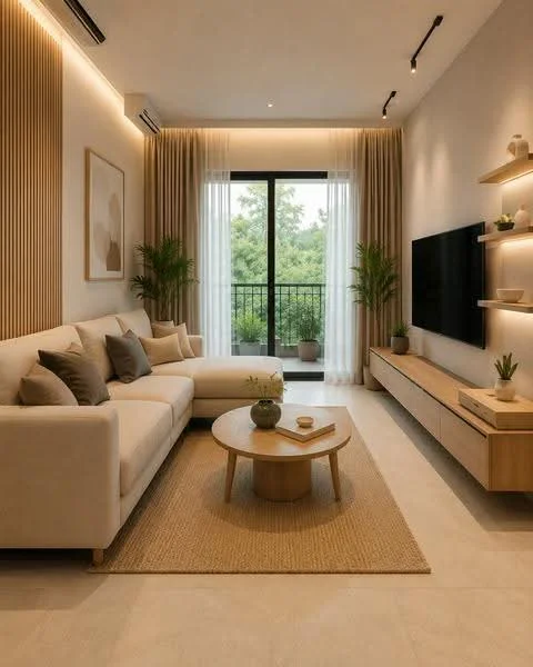 Living features: 3-seater fabric sofa in cream, decorative cushions in various shades, round wooden coffee table, area rug with natural texture, wall-mounted TV, wooden TV console, shelves with decorative plants, floor-to-ceiling windows, sheer curtains, potted plants, wood panel accent wall, recessed downlights, light-colored tile flooring; style: modern; view: garden.