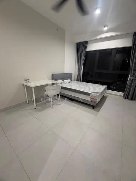 Bedroom features: queen-size bed, grey upholstered headboard, white bedding, white study desk, transparent chair, floor-to-ceiling windows, grey curtains, light grey tiled flooring, recessed downlights, ceiling fan; style: modern; view: city.