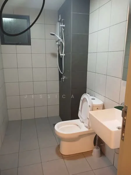 Bathroom features: white toilet, single-sink vanity with wall-mounted faucet, shower area with handheld shower, grey tiled walls, light grey floor tiles, window for natural light, toilet paper holder, soap dispenser; style: modern.