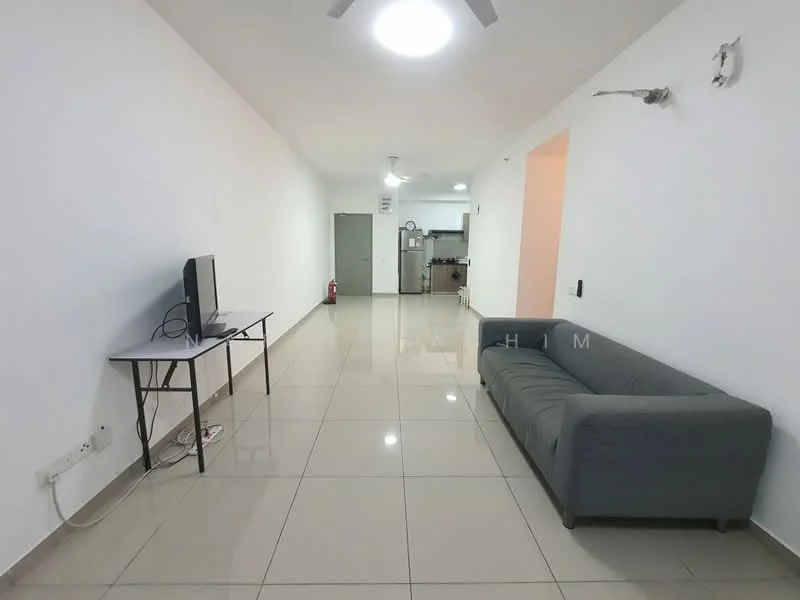 Living features: white painted walls, glossy ceramic tile flooring, 5-blade ceiling fan with light, wall-mounted TV, sofa in grey fabric, open layout to kitchen, fire extinguisher visible, recessed lighting; style: modern. Kitchen features: kitchen cabinetry, stainless-steel sink, built-in appliances, countertop space; style: modern.