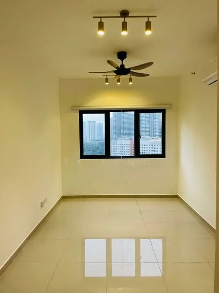 Living features: white painted walls, glossy ceramic tile flooring, 5-blade ceiling fan with light, recessed downlights, floor-to-ceiling windows, black window frames, city view, air conditioning unit; style: modern; view: city.