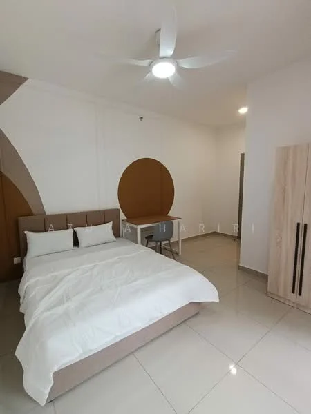 Bedroom features: queen-size bed with white bedding, upholstered headboard, 2 bedside pillows, ceiling fan with integrated light, white painted walls, brown accent wall, tile flooring, built-in wardrobe with sliding doors, round wall mirror, natural light from window; style: modern.