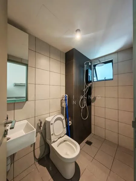 Bathroom features: white tiled walls, grey tiled flooring, walk-in shower with glass enclosure, rain shower head, handheld shower, toilet, single-sink vanity, mirror above sink, window for natural light, ceiling light fixture; style: modern.