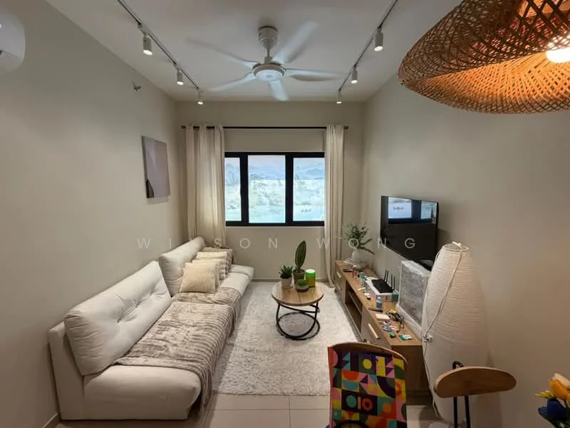 Living features: 3-seater fabric sofa in white, decorative throw blanket, coffee table with round top, TV console, wall-mounted TV, floor lamp, ceiling fan with light, recessed downlights, curtains, light-colored walls, tile flooring, decorative wall art; style: modern; view: city.