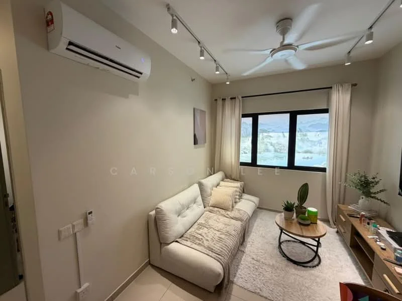 Living features: 3-seater fabric sofa in white, coffee table with wooden top, area rug in light color, floor-to-ceiling windows, sheer curtains, 1 wall-mounted split AC, 5-blade ceiling fan with light, light-colored painted walls, recessed downlights; style: modern; view: city.