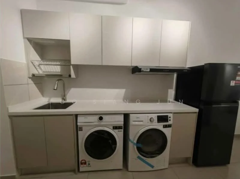 Laundry features: white cabinetry, grey laminate lower cabinets, white countertop, single-bowl stainless-steel sink, chrome pull-down faucet, front-load washing machine, front-load dryer, black refrigerator, tile backsplash, neutral tile flooring; style: modern.