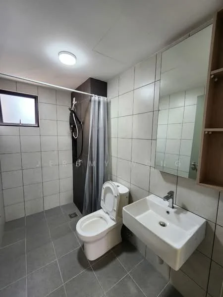 Bathroom features: grey ceramic tile flooring, white tiled walls, walk-in shower with glass enclosure, rain shower head, handheld shower, single-sink vanity with wall-mounted faucet, toilet, framed mirror, built-in shelving, window for natural light, ceiling light; style: modern.