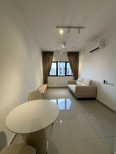 Living features: white painted walls, glossy tile flooring, 5-blade ceiling fan with light, recessed LED downlights, sofa in beige, round dining table, 2 dining chairs, floor-to-ceiling windows, curtains in beige, wall-mounted air conditioning unit; style: modern; view: city.