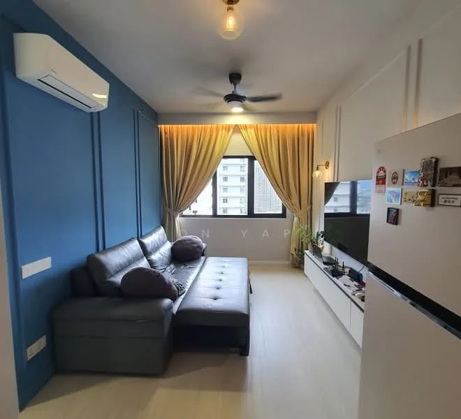 Living features: grey leather sectional sofa, wall-mounted TV, white TV console, floor-to-ceiling window, sheer curtains, blue accent wall, recessed LED lighting, ceiling fan, air conditioning unit, light wood flooring; style: modern; view: city.