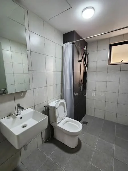 Bathroom features: white ceramic toilet, wall-mounted sink, chrome faucet, shower with glass partition, tile flooring in grey, white tiled walls, mirror above sink, shower curtain, recessed ceiling light; style: modern.