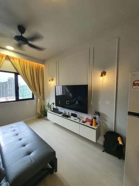 Living features: grey fabric sofa, wall-mounted TV, white TV console, recessed downlights, 2 wall sconces, floor-to-ceiling windows, sheer curtains, light wood flooring, ceiling fan, decorative wall paneling; style: modern; view: city.