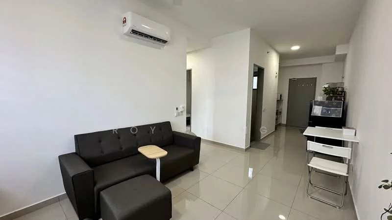 Living features: black fabric sofa, small wooden side table, tile flooring, white painted walls, wall-mounted split AC, recessed ceiling lights, open layout, floor-to-ceiling windows, decorative plant, dining table with chairs, fridge, door to hallway; style: modern.