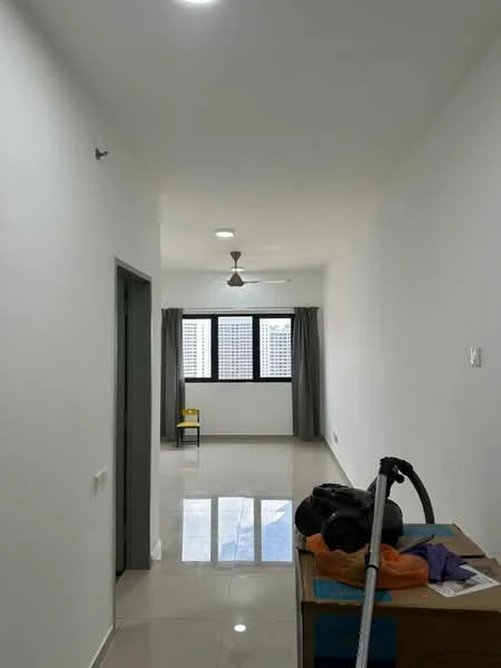 Room features: white painted walls, polished ceramic tile flooring, ceiling fan, floor-to-ceiling windows, grey curtains, natural light from windows, vacuum cleaner, yellow chair, box with items; style: modern.