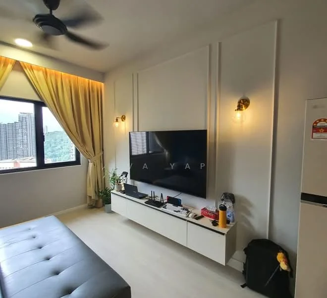 Living features: grey upholstered sofa, wall-mounted TV, white media console, two wall sconces, ceiling fan, large window with city view, sheer curtains, decorative plants, light wood flooring, accent wall with paneling, recessed lighting; style: modern; view: city.
