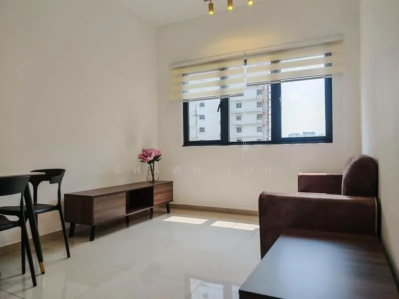 Living features: white painted walls, glossy tile flooring, ceiling light fixture, black dining table with chairs, brown fabric sofa, wooden TV console, window with roller blinds, city view from window; style: modern; view: city.