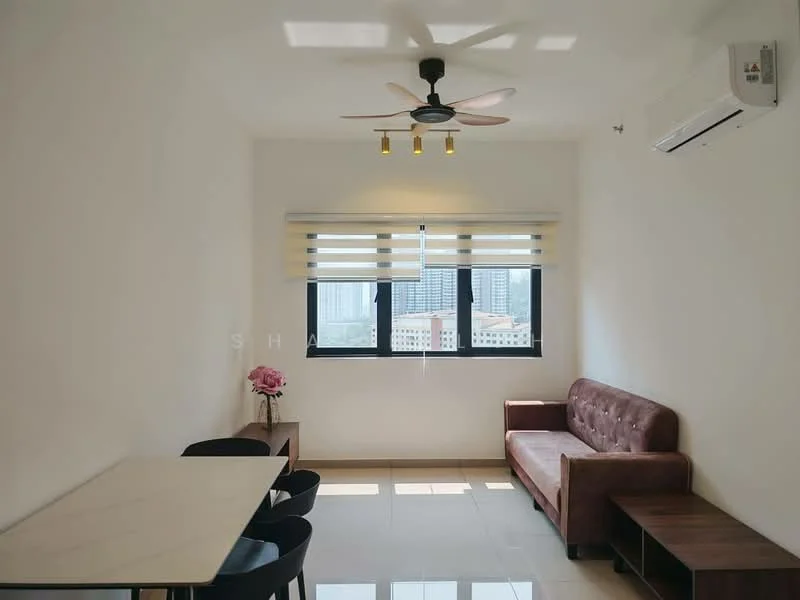 Living features: 5-blade ceiling fan with light, recessed LED downlights, cream painted walls, white tiled flooring, brown leather sofa, dining table with marble top, 4 black dining chairs, floor-to-ceiling windows, roller blinds, wall-mounted air conditioning unit, decorative flower arrangement; style: modern; view: city.