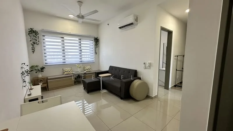 Living features: 3-seater fabric sofa in grey, single armchair in black, round coffee table, TV console, wall-mounted TV, floor-to-ceiling windows with blinds, white painted walls, glossy tile flooring, ceiling fan, wall-mounted split AC, decorative plants, built-in shelving unit; style: modern; view: city.