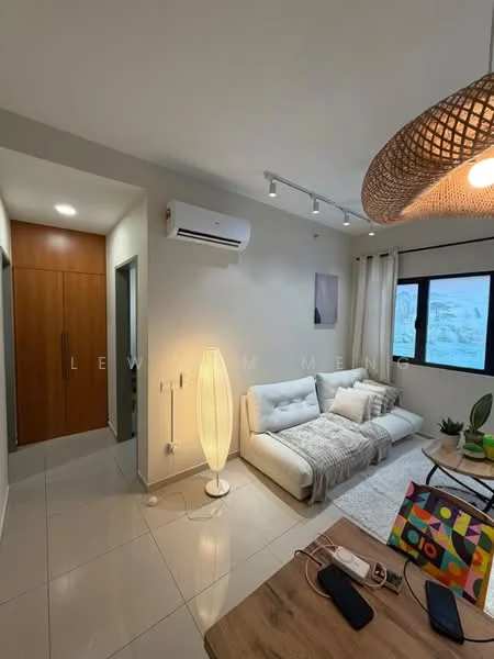 Living features: 3-seater fabric sofa in white, floor lamp, wooden coffee table, decorative plants, wall-mounted air conditioning unit, recessed LED downlights, large windows with sheer curtains, tile flooring, neutral painted walls; style: modern. Room features: wooden door, light-colored walls, tile flooring.