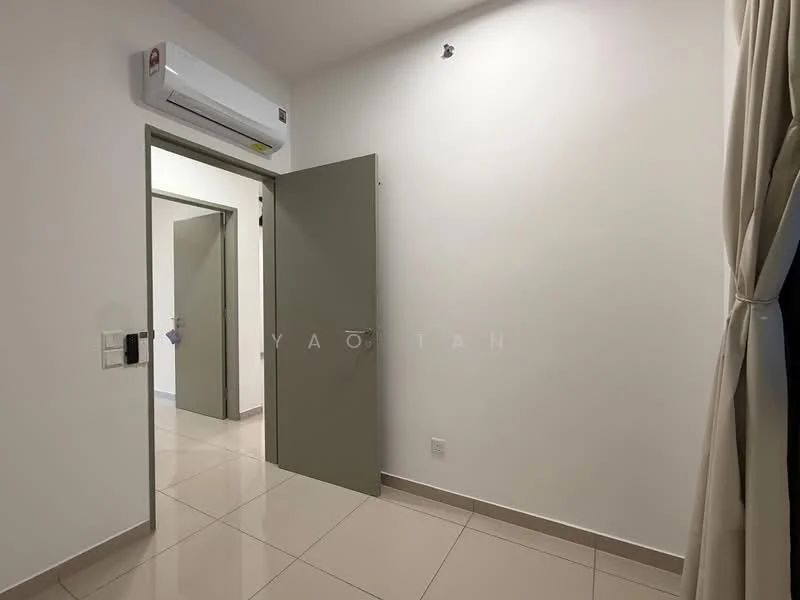 Room features: white painted walls, glossy tile flooring, 1 wall-mounted split AC, door with handle, door frame, light switch, curtain with tieback, neutral colour scheme; style: modern.
