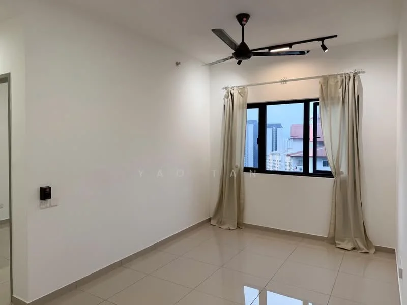 Room features: white painted walls, glossy ceramic tile flooring, 5-blade ceiling fan with light, floor-to-ceiling window, sheer curtains, city skyline view; style: modern; view: city.