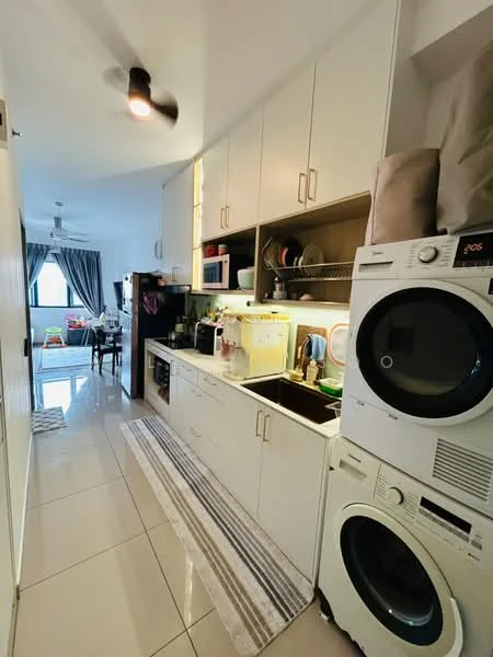 Laundry features: white cabinetry, black countertop, single-bowl stainless-steel sink, chrome pull-down faucet, built-in washing machine, built-in dryer, recessed LED downlights, ceramic tile flooring, wall-mounted ceiling fan, open shelving, decorative rug; style: modern. Room features: grey curtains, dining area visible in background, light-colored walls.
