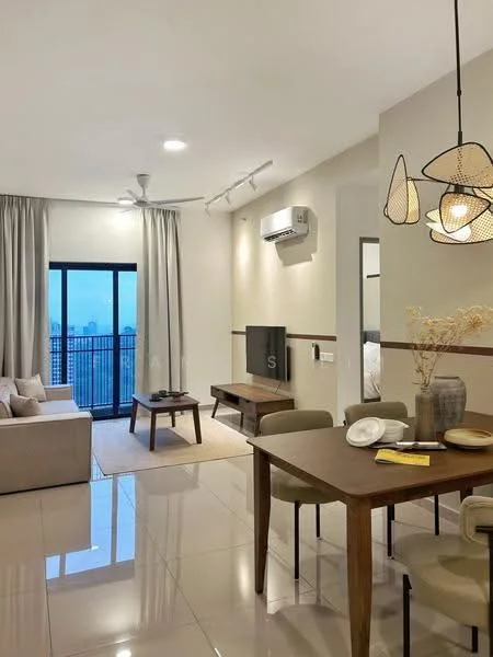 Living features: 3-seater fabric sofa in light beige, coffee table, TV console, wall-mounted TV, area rug, 5-blade ceiling fan with light, recessed LED downlights, floor-to-ceiling windows, sheer curtains, sliding glass door, decorative pendant lights; style: modern; view: city. Dining features: wood dining table, 4 dining chairs, decorative vase, ceramic plates, cutlery, table runner; style: modern.