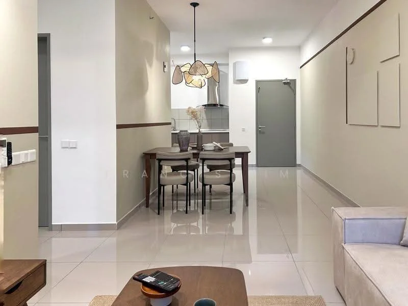 Living features: light-colored painted walls, glossy tile flooring, recessed downlights, pendant light fixture, dining table with four chairs, sofa in neutral color, decorative wall art, open layout to kitchen, doorway to hallway; style: modern.