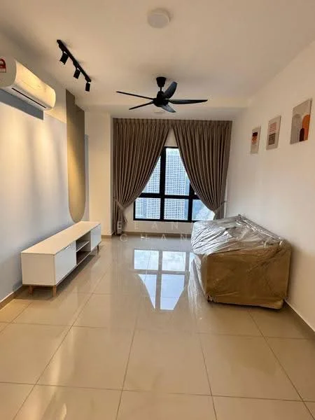 Living features: cream painted walls, glossy tile flooring, 5-blade ceiling fan with light, floor-to-ceiling windows, sheer curtains, sofa wrapped in plastic, white TV console, recessed downlights; style: modern; view: city.