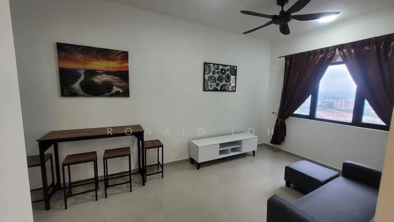 Living features: grey fabric sofa, black ceiling fan, white painted walls, glossy tile flooring, wooden dining table with stools, TV console in white, framed artwork on wall, curtains in dark brown, floor-to-ceiling window, city view from window; style: modern; view: city.