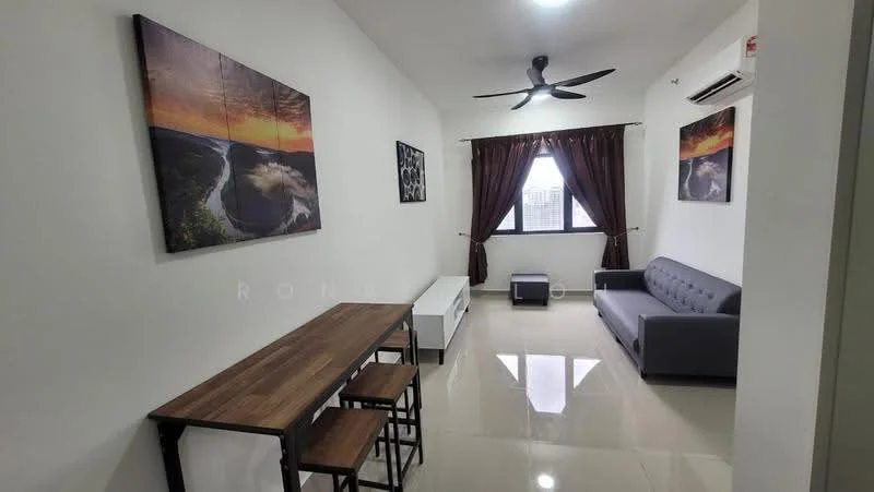 Living features: 3-seater fabric sofa in grey, wooden dining table with 3 stools, white TV console, floor-to-ceiling window, brown curtains, ceiling fan with light, glossy tile flooring, framed artwork on walls; style: modern; view: city.