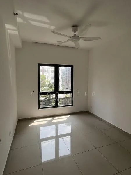Room features: white painted walls, ceiling fan, large window, tile flooring, natural light, view of greenery, minimalist decor; style: modern; view: garden.