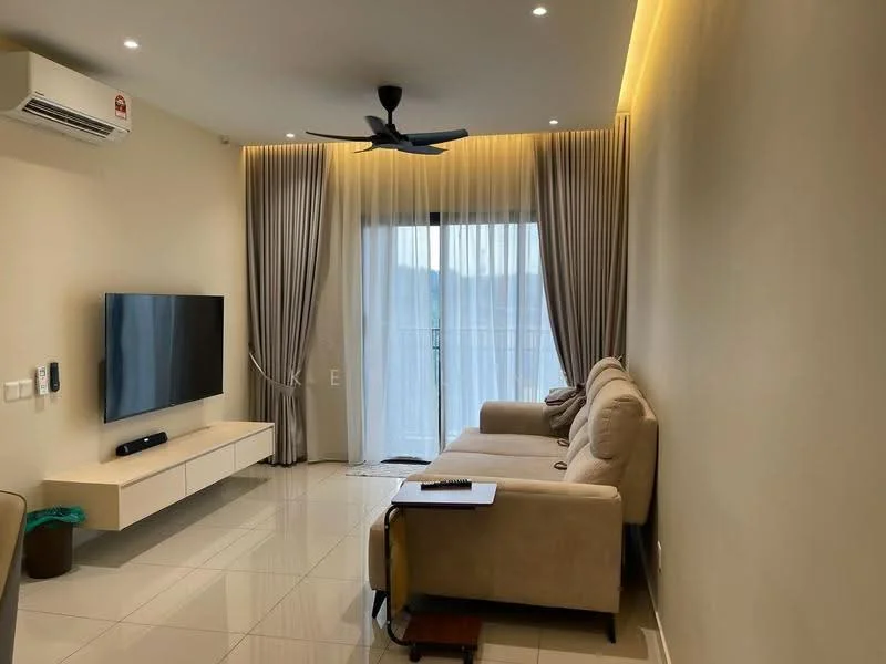 Living features: cream painted walls, white ceiling with recessed lighting, 5-blade ceiling fan with light, large sliding glass door, floor-to-ceiling curtains, light-colored fabric sofa, wall-mounted TV, TV console with storage, glossy tile flooring, decorative wall lighting; style: modern.