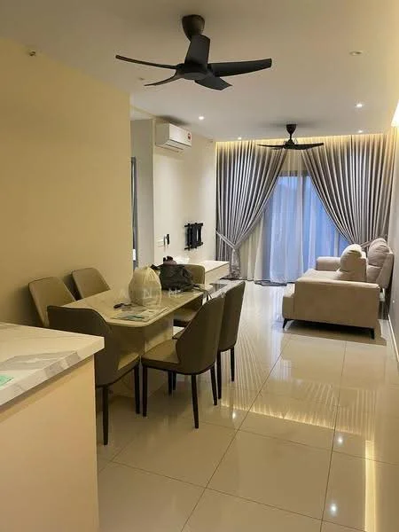 Living features: 3-seater fabric sofa in light beige, 2-seater fabric sofa in light beige, glass coffee table, dining table for 6 with upholstered chairs, floor-to-ceiling windows with sheer curtains, recessed LED downlights, 5-blade ceiling fan, wall-mounted TV, air conditioning unit, glossy tile flooring, decorative wall with light color, curtains in grey, decorative plants; style: modern.