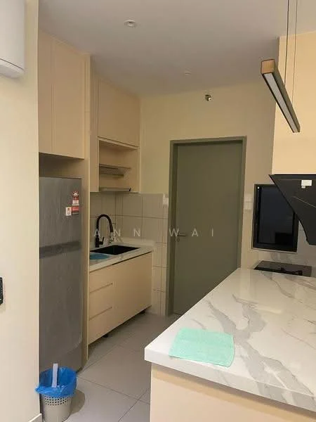 Kitchen features: single-bowl stainless-steel sink, chrome pull-down faucet, marble countertop, white cabinetry, built-in oven, stainless-steel fridge, ceramic tile flooring, wall-mounted range hood, recessed downlights, open shelving, grey painted walls; style: modern.