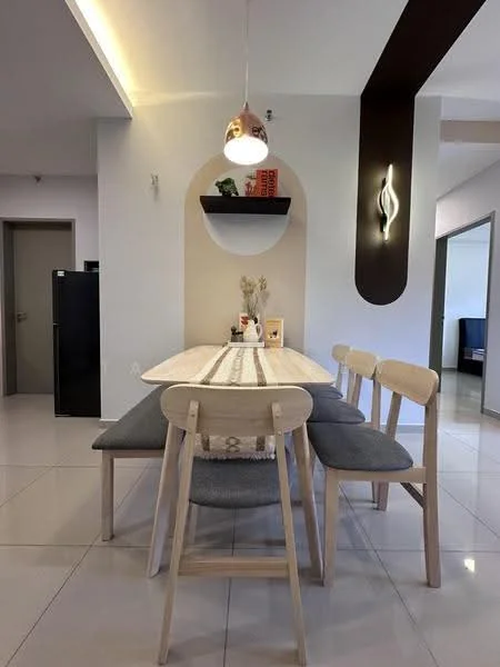 Dining features: 6-seater dining table, wooden dining chairs, grey upholstered bench seating, pendant lamp, white walls, glossy tile flooring, decorative wall niche, decorative items on shelf, minimalist decor, open layout, natural light; style: modern.